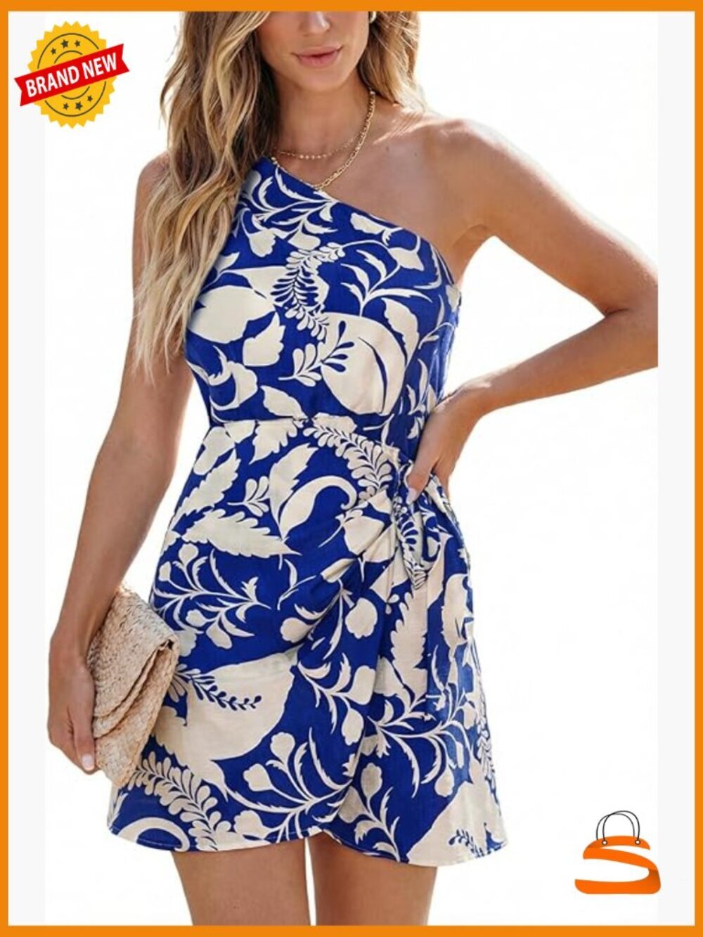 One Shoulder Leaf Print Self-tie Short Dress Sleeveless Tiered Hem